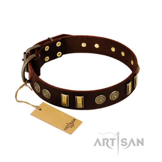 "Golden Elegance" FDT Artisan Brown Leather dog Collar with Old Bronze-like Decorations