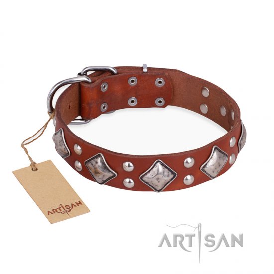 "Magic Squares" FDT Artisan Tan Leather dog Collar with Silver-like Decor