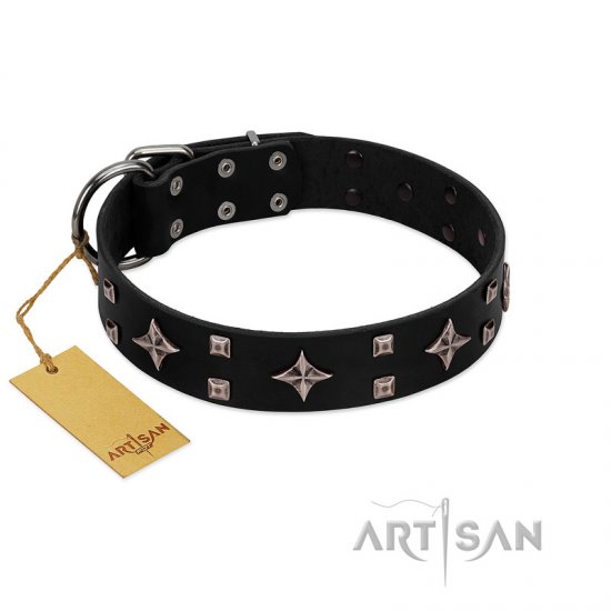 "Snappy Dresser" FDT Artisan Black Leather dog Collar Adorned with Stars and Tiny Squares