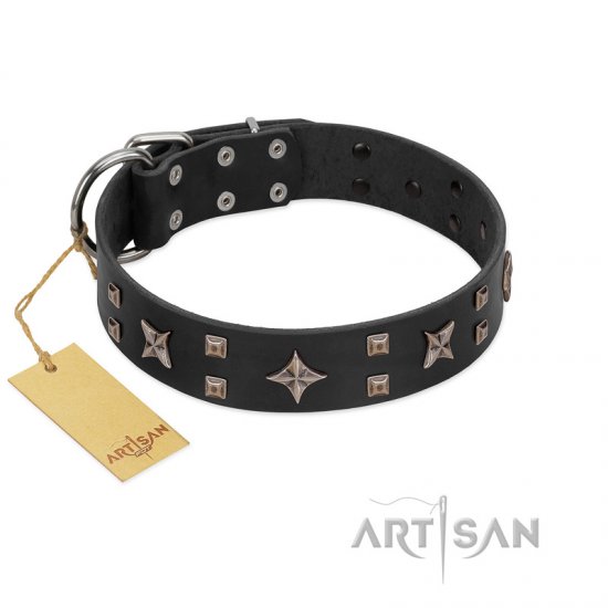 "Star Excitement" Modern FDT Artisan Black Leather dog Collar with Studs and Stars
