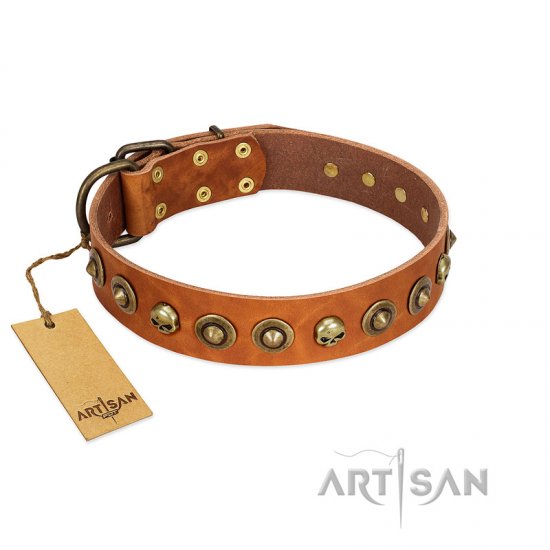 "Prez of the Pack" FDT Artisan Tan Leather dog Collar with Skulls and Brooches