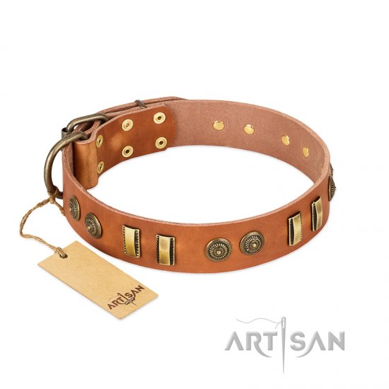 "Natural Beauty" FDT Artisan Tan Leather dog Collar with Old Bronze-like Circles and Plates - Click Image to Close