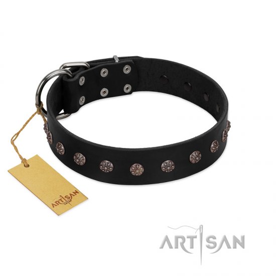 "Flower Rhapsody" FDT Artisan Premium Quaulity Black Leather dog Collar