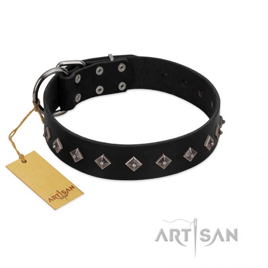 "Immense Power" Handcrafted FDT Artisan Black Leather dog Collar with Small Dotted Pyramids - Click Image to Close