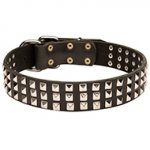 3 Rows Nickel Pyramids Leather Dog Collar