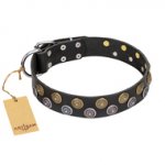 "Romantic Breeze" FDT Artisan Black Leather dog Collar with Sparkling Circles