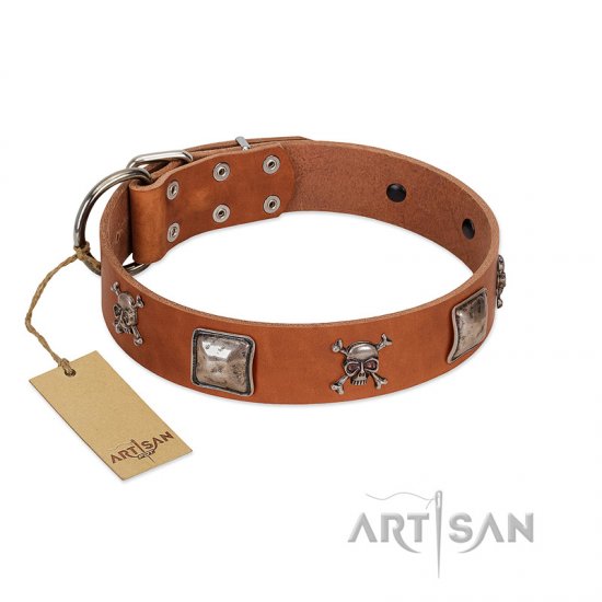 "Amorous Escapade" Embellished FDT Artisan Tan Leather dog Collar with Chrome Plated Crossbones and Plates - Click Image to Close