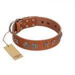 "Brave Spirit" Handmade FDT Artisan Designer Tan Leather dog Collar with Shields