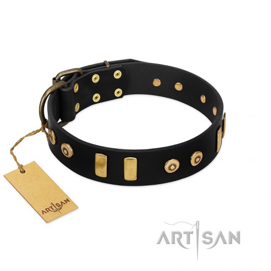 "Rare Dog" FDT Artisan Black Leather dog Collar with Old Bronze-like Dotted Studs and Tiles