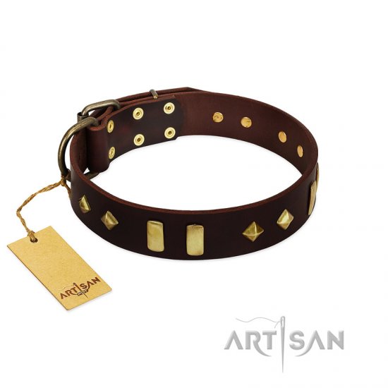 "Blinking Illusion" FDT Artisan Brown Leather dog Collar with Old Bronze-like Studs and Plates - Click Image to Close