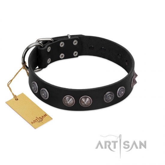 "Silver Medallions" Mod FDT Artisan Black Leather dog Collar with Round Plates - Click Image to Close
