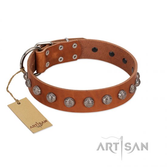 "Heroic Deeds" Designer Handmade FDT Artisan Tan Leather dog Collar - Click Image to Close