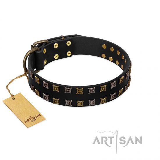 "Refined Pattern" FDT Artisan Black Leather dog Collar with Two Rows of Stunning Decorations