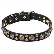 1 1/5 inch (30 mm) wide Leather Dog Collar "Boho Style" with Brass Decorations