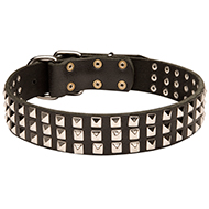 3 Rows Nickel Pyramids Leather Dog Collar