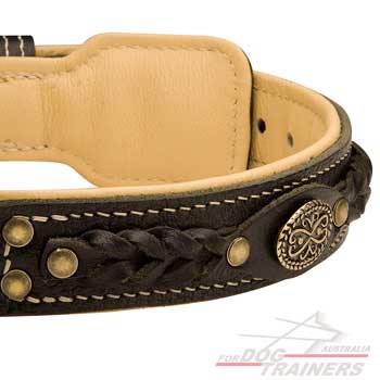 Leather dog collar with braids and brooch