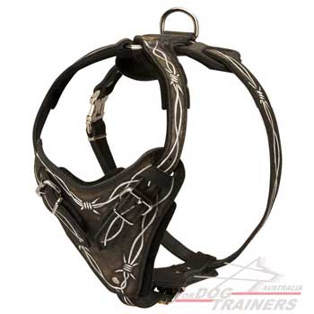 Leather dog harness with hand painted padded chest plate for different breeds