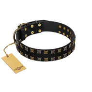 "Refined Pattern" FDT Artisan Black Leather dog Collar with Two Rows of Stunning Decorations