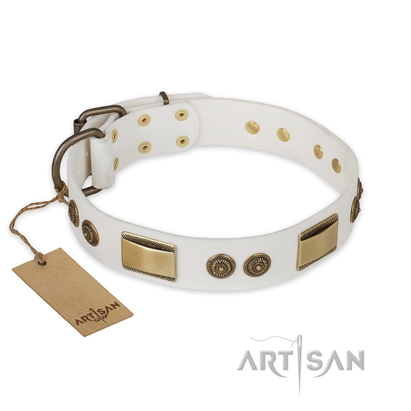 Adorned full grain natural leather dog collar for handy use