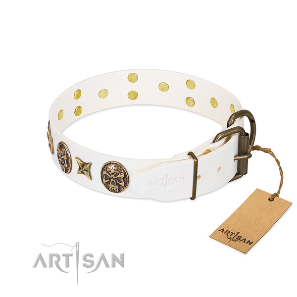 Durable D-ring on full grain genuine leather collar for everyday walking your dog