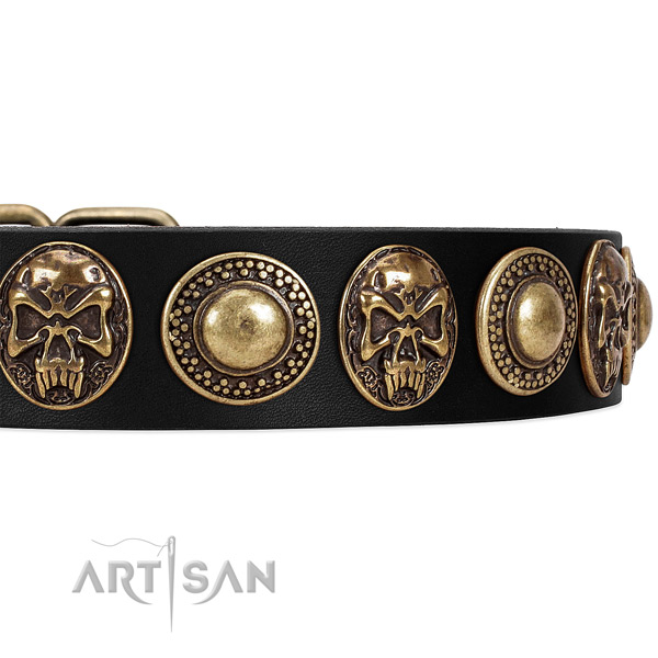 Full grain natural leather dog collar with decorations for easy wearing