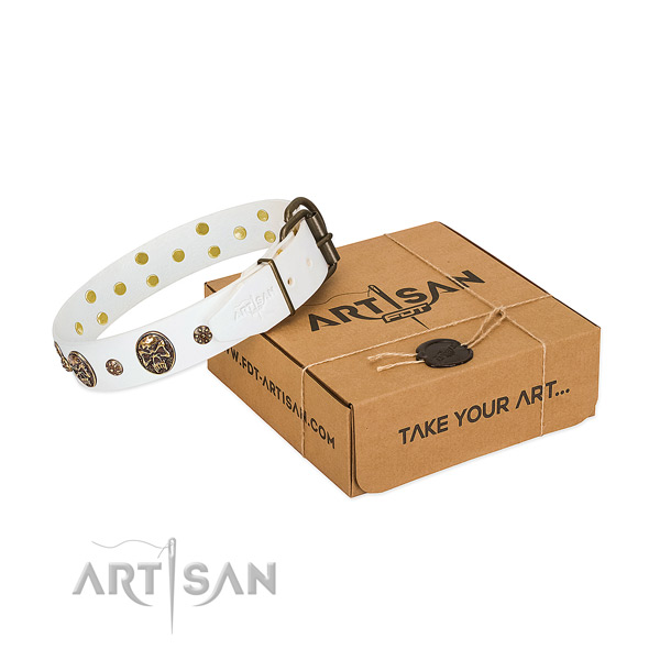 Adorned full grain natural leather collar for your impressive doggie