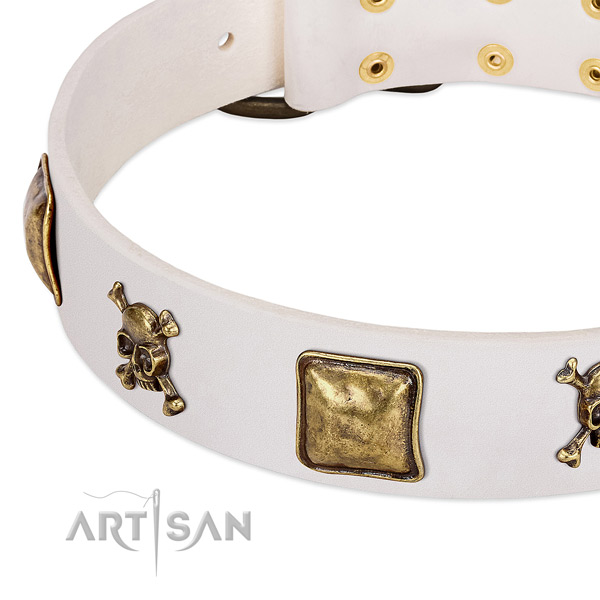 Unique natural leather dog collar with rust-proof decorations