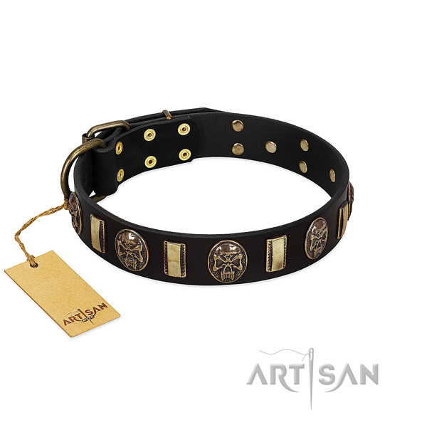 Easy adjustable full grain natural leather dog collar for walking