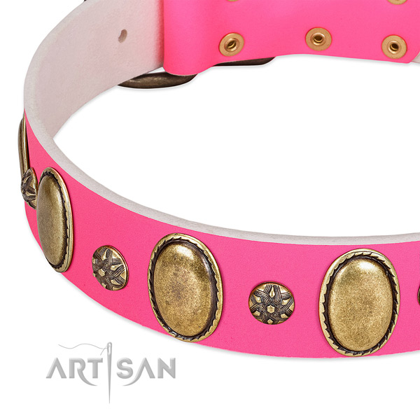 Strong full grain natural leather dog collar with durable D-ring