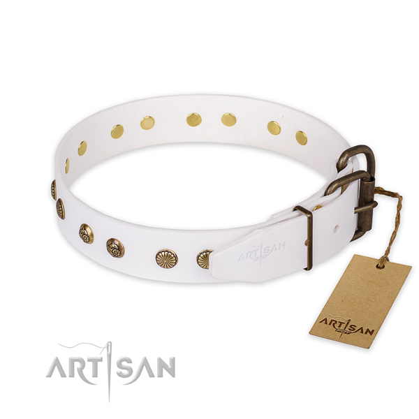 Reliable traditional buckle on full grain genuine leather collar for your impressive four-legged friend