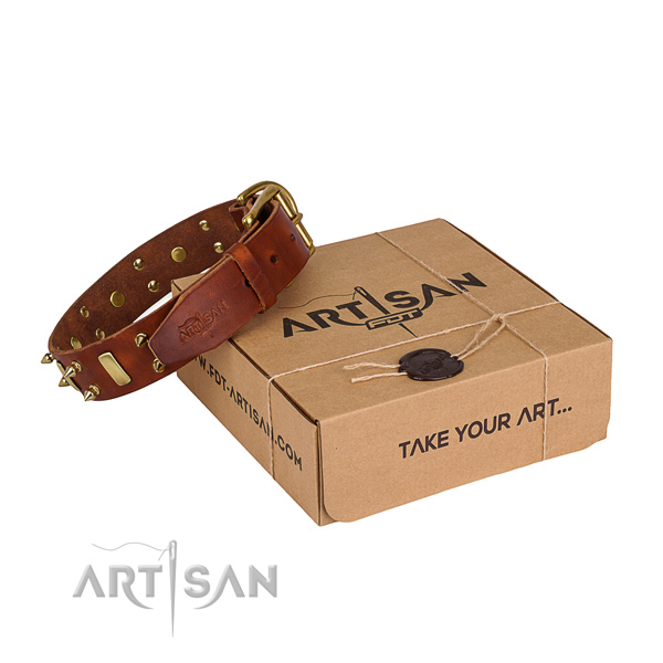 Handy use dog collar of top notch leather with decorations