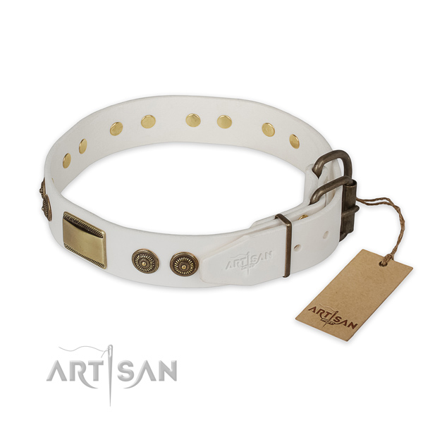 Rust-proof fittings on natural genuine leather collar for walking your dog