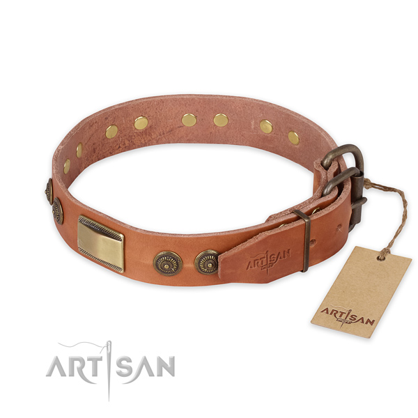 Rust resistant fittings on full grain natural leather collar for basic training your pet