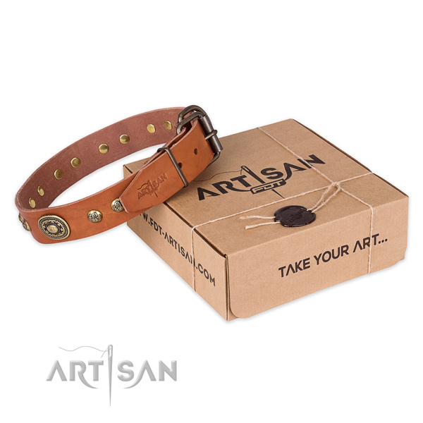 Corrosion resistant D-ring on full grain natural leather dog collar for easy wearing