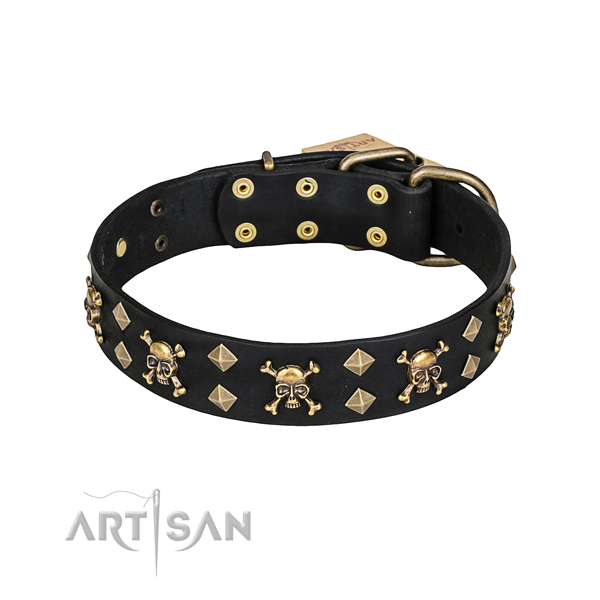 Comfortable wearing dog collar of durable genuine leather with decorations