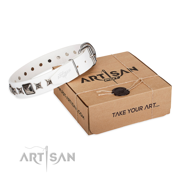 Comfy wearing full grain genuine leather dog collar with studs