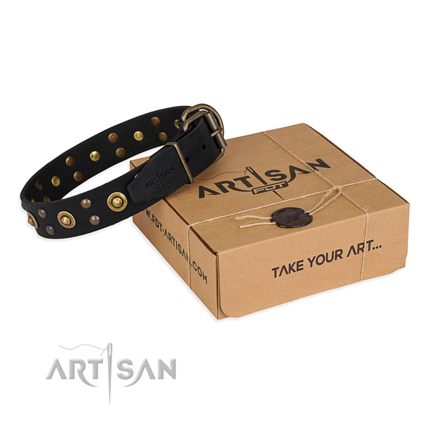 Durable D-ring on genuine leather collar for your beautiful doggie