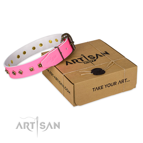 Corrosion proof D-ring on full grain genuine leather dog collar for handy use