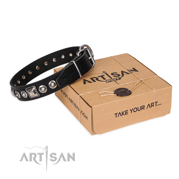 Full grain genuine leather dog collar made of top notch material with durable fittings