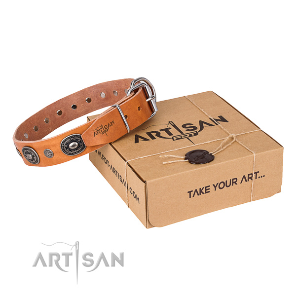 Flexible full grain natural leather dog collar handmade for walking