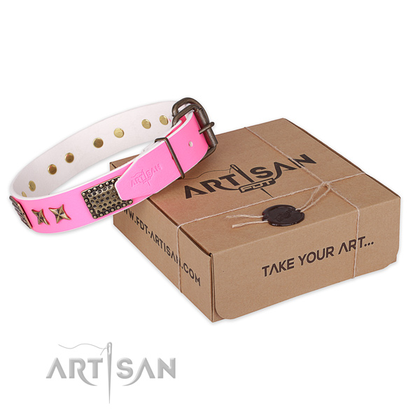 Reliable D-ring on genuine leather collar for your handsome doggie