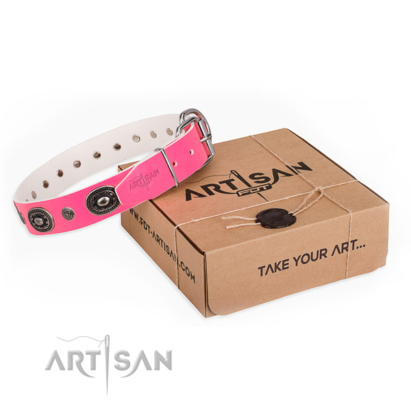 Strong full grain natural leather dog collar handcrafted for daily use