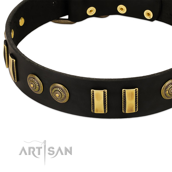 Rust-proof D-ring on leather dog collar for your pet